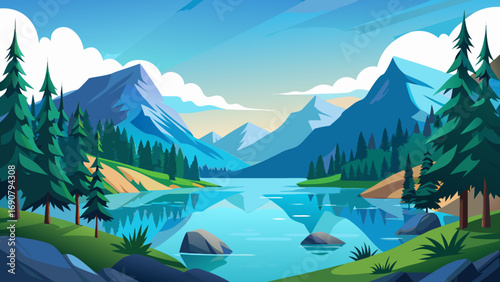 Vector art of breathtaking mountain lake vista with towering peaks, lush forests, and a tranquil lake reflecting the sky in a serene, scenic panorama