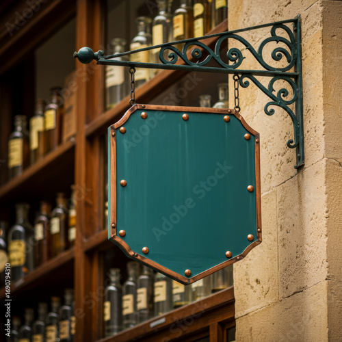 Vintage green pub sign with ornate iron bracket