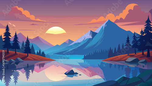 Vector art of serene mountain landscape reflecting in a calm lake at sunset, with pine trees and vibrant colors creating a peaceful and picturesque scene