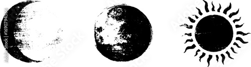 Celestial grunge elements for artistic design - moon, sun, and planet in black and white