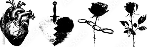 Vintage grunge black and white anatomical illustration set with heart, rose, and chain elements for artistic design