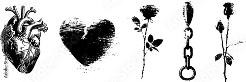 Grunge black and white anatomical heart and rose illustration set for artistic design