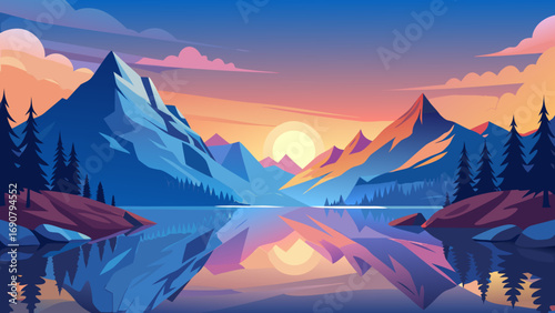 Vector art of a stunning vector illustration of a tranquil lake mirroring majestic mountains at sunset, showcasing vibrant colors and a serene, peaceful atmosphere