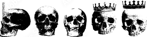 Grunge black and white skull illustrations with crowns for vintage design and urban art themes