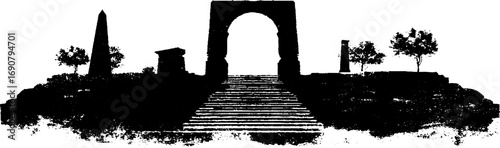 Ancient architectural elements in grunge black and white design