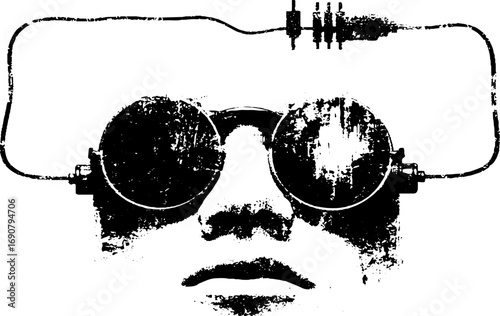 Futuristic android grunge design with goggles for urban art and posters