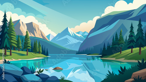 Vector art of picturesque mountain scenery with a pristine lake reflecting the majestic mountains and lush green woods beneath a clear blue sky, a serene natural wonderland