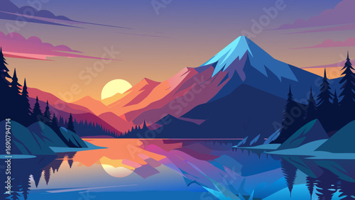 Vector art of a breathtaking vector illustration of a serene lake reflecting majestic mountains at sunset, with vibrant colors and a peaceful atmosphere
