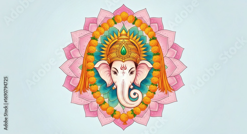 Vibrant illustration of Ganesha in a colorful mandala against a soft blue background