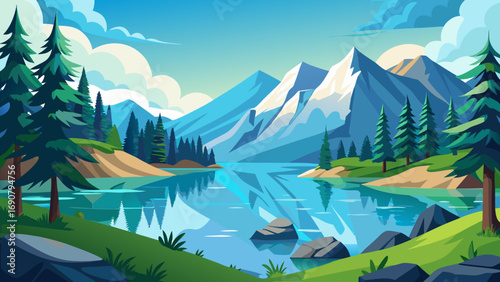 Vector art of a serene alpine lake reflects the majestic snowcapped mountains under a bright blue sky, surrounded by lush green forests and rocky shores