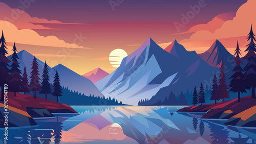 Vector art of a tranquil mountain scene with a reflective lake under a colorful sunset sky, showcasing the beauty of nature and the peacefulness of the wilderness