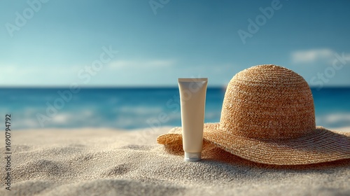 Wallpaper Mural Beach Vacation Essentials: Sun Hat & Sunscreen Torontodigital.ca