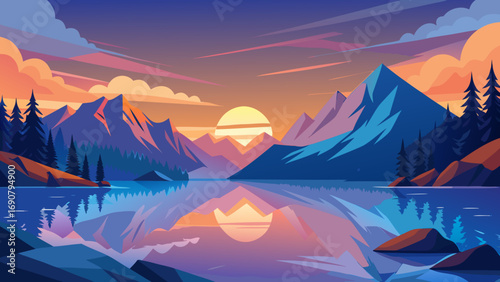 Vector art of scenic mountain lake reflecting the colorful sunset, creating a serene and picturesque landscape with a sense of peace and tranquility