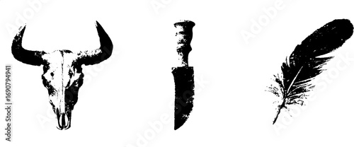 Grunge black and white animal skull, knife, and feather illustration set for urban design