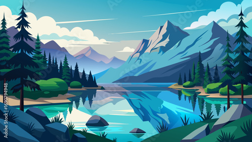 Vector art of scenic mountain landscape with a serene lake reflecting the majestic peaks and lush green forests under a clear blue sky, creating a peaceful nature scene