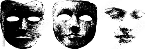 Mysterious masks and faces grunge black and white illustration for urban art