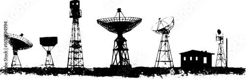 Grunge black and white silhouette of antenna towers for urban design