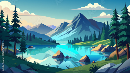 Vector art of a serene mountain landscape with a tranquil lake reflecting the majestic peaks and lush evergreen forests, creating a sense of peace and natural beauty