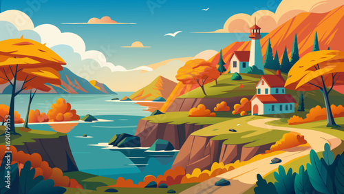 Vector art of a scenic autumn landscape with a lighthouse, houses, and colorful trees overlooking a tranquil bay, evoking a sense of peace and natural beauty
