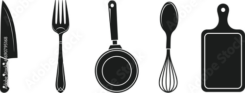 Black kitchen utensils icons including knife, fork, frying pan, whisk, spoon, cutting board, cooking tools, kitchen essentials, cookware symbols, cooking equipment.