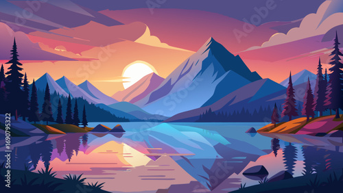 Vector art of a breathtaking mountain landscape at sunset, with a calm lake mirroring the colorful sky and majestic peaks, creating a sense of peace and wonder