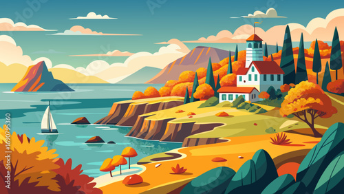 Vector art of a scenic coastal view with a lighthouse and houses nestled amidst autumn foliage, overlooking a tranquil sea with a sailboat and distant mountains