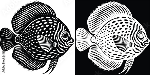 Stunning detailed black and white fish illustration, perfect for aquatic themes and ocean decor designs