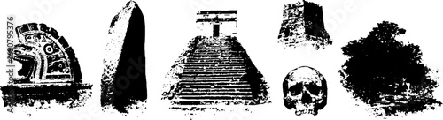 Mysterious ancient aztec symbols in grunge black and white for cultural design