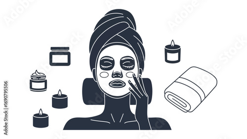Woman s face with sheet mask and towel wrapped head surrounded by skincare products and candles for a relaxing spa experience