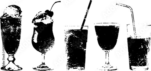 Grunge black and white silhouette set of vintage beverage glasses for urban design
