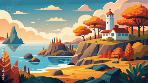 Vector art of scenic coastal landscape featuring a lighthouse perched on a cliff, surrounded by autumn trees, with a serene ocean and dramatic rock formations