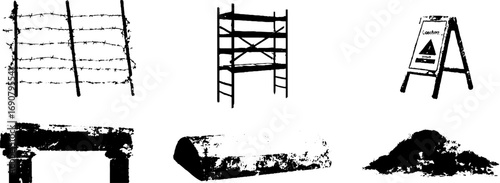 Grunge black and white illustrations of barbed wire and urban structures for design