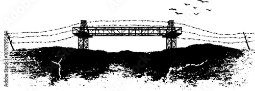 Grunge black and white illustration of barbed wire and industrial structure