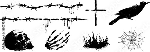 Grunge black and white set with barbed wire, skull, and raven illustrations for urban design