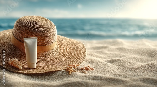 Wallpaper Mural Beach Vacation Essentials: Sun Hat, Sunscreen, and Seashells Torontodigital.ca