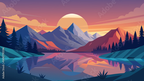 Vector art of the sun sets behind the majestic mountains, casting a warm glow over the tranquil lake and creating a stunning landscape of natural beauty