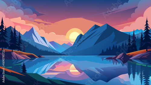 Vector art of the tranquil lake mirrors the vibrant sunset and towering mountains, creating a breathtaking landscape that evokes a sense of peace and wonder