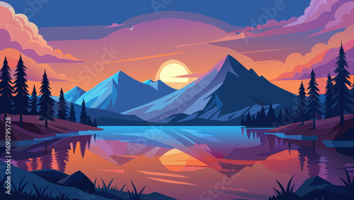 Vector art of a serene sunset bathes the majestic mountains in a warm, golden light, their peaks reflected in the tranquil lake below, creating a picturesque scene