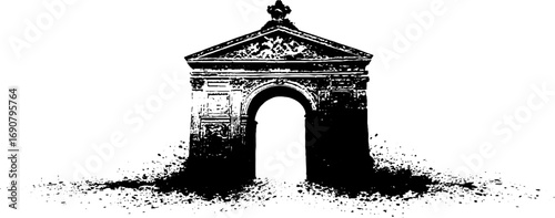 Grunge black and white baroque architecture with distressed elements for art and design