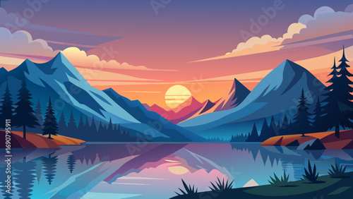 Vector art of scenic mountain landscape reflecting in a tranquil lake at sunset, with vibrant colors and a peaceful atmosphere, vector illustration