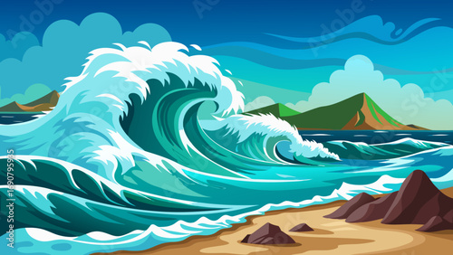 Vector art of a majestic wave curls gracefully towards the sandy beach, its foamy crest contrasting with the serene backdrop of distant mountains and clear skies