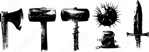 Grunge black and white battle weapons illustration set for design and art projects