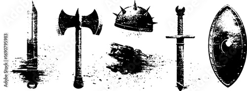 Grunge black and white battle weapon set for vintage design and posters
