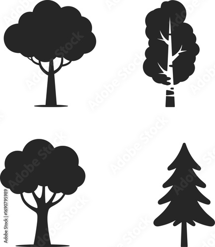 Black Tree Silhouettes Set Featuring Deciduous, Coniferous, Poplar, and Oak Shapes for Nature, Forest, Landscape, and Botanical Design