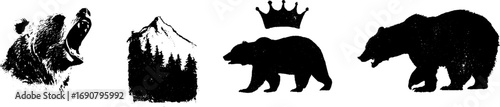 Grunge black and white bear silhouettes for nature and wildlife designs