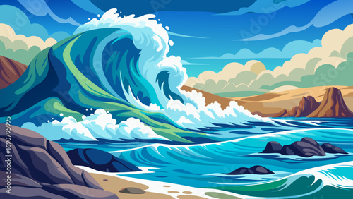Vector art of a colossal wave surges towards the shore, its turquoise crest a vibrant spectacle against the backdrop of sandy beaches and dramatic coastal cliffs