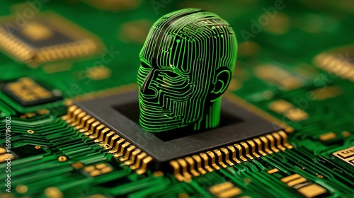 A glowing, digital human head emerges from a complex microchip, symbolizing the convergence of technology and consciousness, evoking a futuristic and slightly unsettling aesthetic.