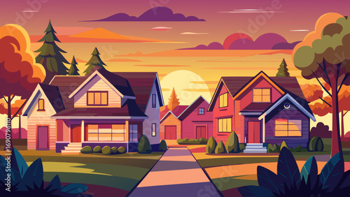 Vector art of a picturesque suburban neighborhood at sunset, featuring cozy houses with warm lighting and lush greenery, creating a serene and inviting atmosphere