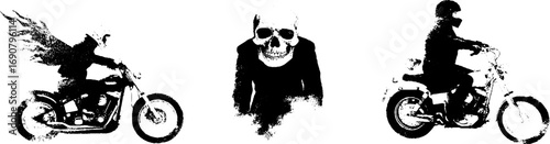 Grunge black and white biker and skull illustration set for urban design