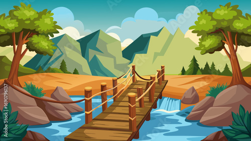 Vector art of a charming cartoon landscape showcasing a wooden bridge spanning a river, set against a backdrop of mountains and trees, evoking a sense of adventure